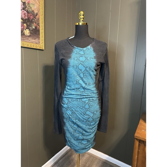 Pam And Gela Blue Grey Snakeskin‎ Bodycon Long Sleeve Dress M Medium